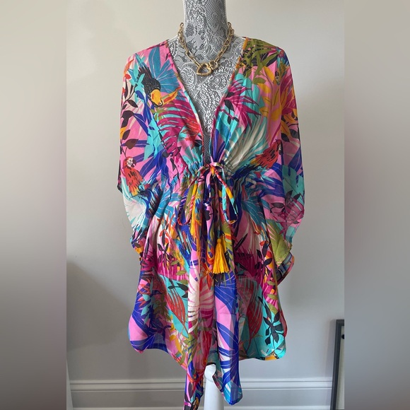 Violet Sky Plunging Neck Drawstring Waist Batwing Sleeve Multi-color Cover up - Picture 3 of 9